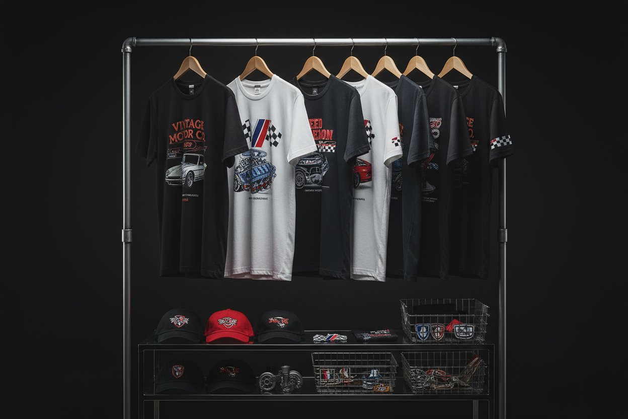 automotive tshirts and accessories on a cloth stand, dark background